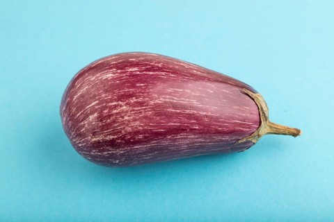 Purple eggplant with white stripes on blue pastel background. Side view, close up. Tropical,