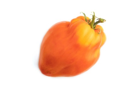 Red Heart Shape tomato isolated on white background. Top view, copy space, flat lay. healthy food,