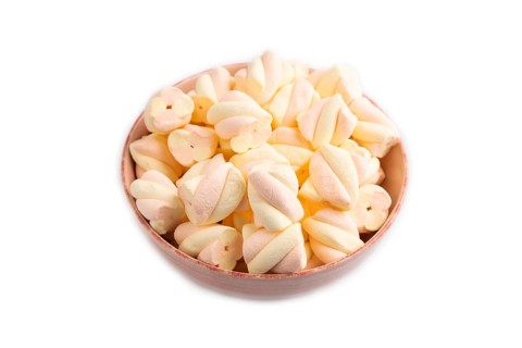 Orange and pink marshmallow in ceramic bowl isolated on white background, side view, copy space,