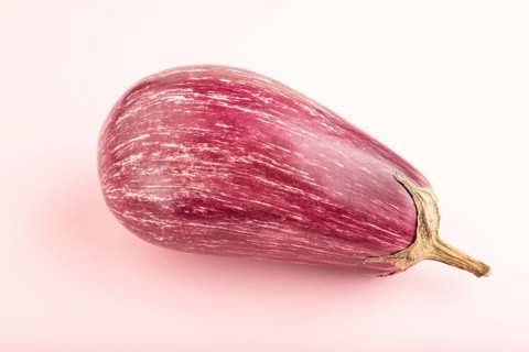 Purple eggplant with white stripes on pink pastel background. Side view, copy space. Tropical,