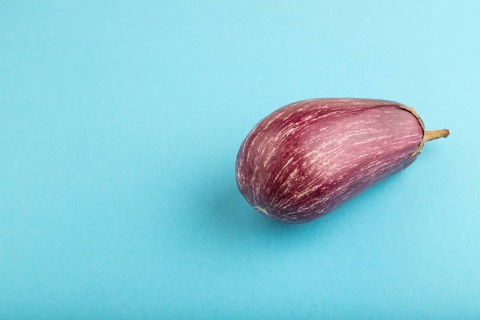 Purple eggplant with white stripes on blue pastel background. Side view, copy space. Tropical,