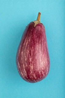 Purple eggplant with white stripes on blue pastel background. Top view, flat lay, copy space.