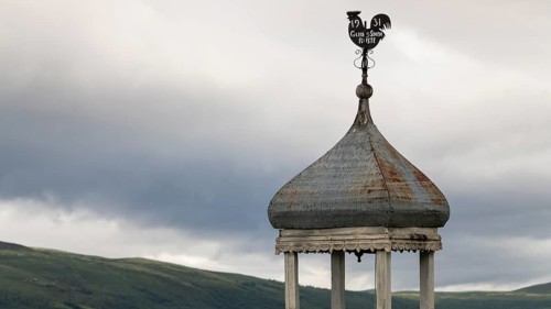 Roof of a chapel, metal weather vane, tower rooster, Gudbrandsdalen or Gudbrandsdalen valley,