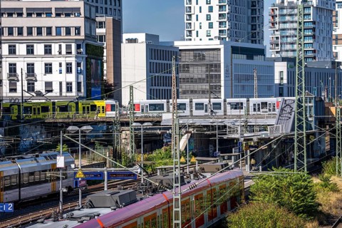 Wehrhahn railway station, railway line in Düsseldorf, along Toulouser Allee, residential area,