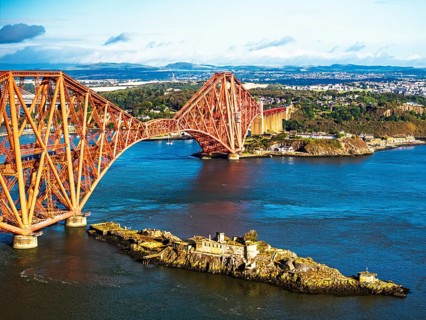 Inch Garvie Castle from a drone, Forth Bridge, Queensferry Crossing, Forth Estuary, Scotland,