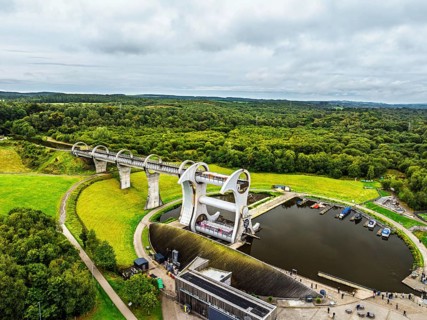 Filkirk Wheel from a drone, Forth and Clyde Canal, Falkirk, Scotland, UK