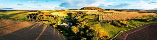 Panorama of Ruins of Hailes Castle over River Tyne from a drone, East Linton, East Lothian,