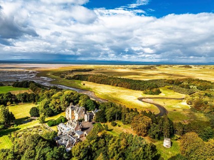 Luffness Castle from a drone, Aberlady, East Lothian, Scotland, UK