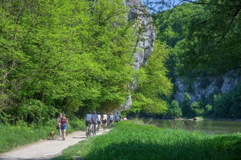 Radfahrer entlang der Donau vom Kloster Weltenburg nach Kelheim, Kelheim, Bayern, Deutschland