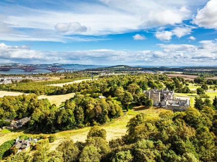Dundas Castle over South Queensferry from a drone, Edinburgh, Scotland, UK