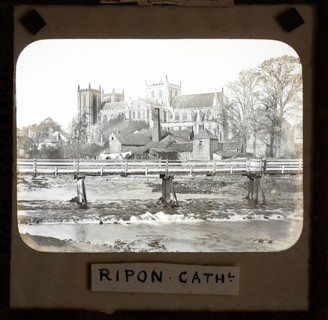 Magic lantern slide of Ripon cathedral church from River Ure, Ripon, North Yorkshire, England, UK c