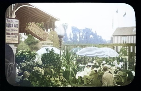 People enjoying pleasure gardens at the Karsino of Fred Karno, Tagg's Island, Molesley, London,