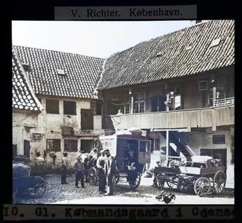 Colourised version Købmandsgaard, horse and carriage in merchant's yard, Odense, Denmark c 1900 by