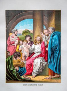Nineteenth century Victorian Bible story illustration in Chromo-Lithography, Jesus Christ Blessing