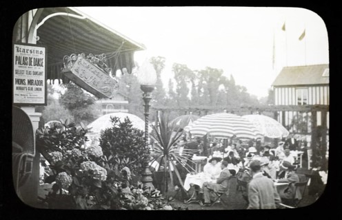People enjoying pleasure gardens at the Karsino of Fred Karno, Tagg's Island, Molesley, London,