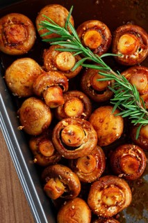 Fried mushrooms, with spices, in soy sauce, vegetarian food, homemade, no people