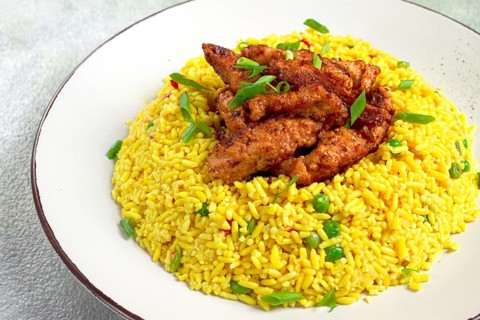 Crispy chicken fillet in soy sauce, with fried rice, homemade, no people