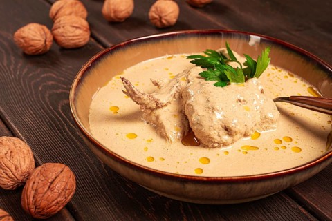 Satsivi, Georgian dish, chicken in nut sauce, cold appetizer, rustic, no people, homemade