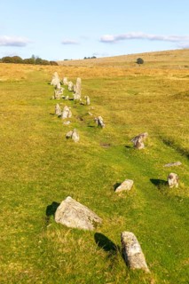 Rows of standing stones at Merrivale prehistoric ceremonial complex Dartmoor national park, Devon,