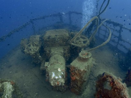 Rotten shipwreck on the seabed. Dive site wreck of the Vis, Pula, Croatia, Mediterranean Sea