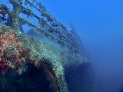 Rusty metal structure of a wreck under water, overgrown with marine life. Dive site wreck of the