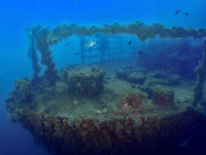 Bow of a shipwreck at depth, with fish, surrounded by blue water. Dive site Wreck of the Vis, Pula,