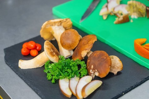 Various mushrooms and herbs on a black plate