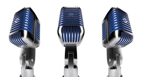 Classic vintage microphone set with blue inside mesh isolated on a white background