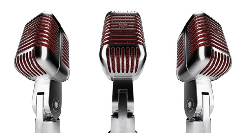 Classic vintage microphone set with red inside mesh isolated on a white background