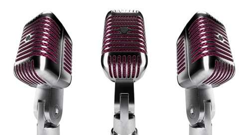 Classic vintage microphone set with pink inside mesh isolated on a white background