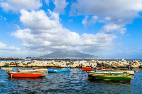 Seaside in Naples with Mount Vesuvius in backround, Campania, Italy