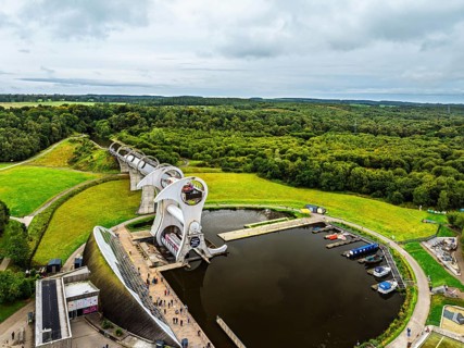Filkirk Wheel from a drone, Forth and Clyde Canal, Falkirk, Scotland, UK