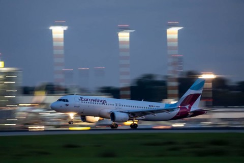 Eurowings Airbus lands at Düsseldorf Airport, North Rhine-Westphalia, Germany
