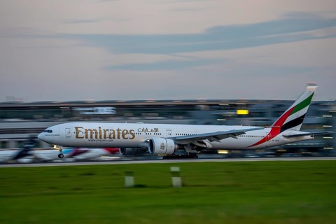 Emirates Boeing 777-300, lands at Düsseldorf Airport, North Rhine-Westphalia, Germany