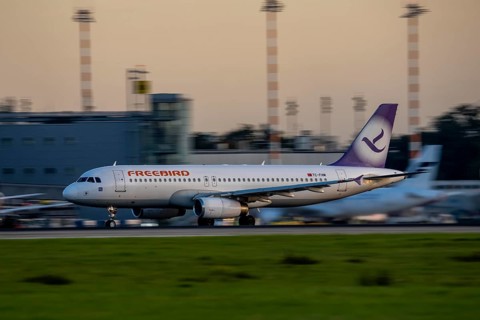 Freebird Airbus lands at Düsseldorf Airport, North Rhine-Westphalia, Germany
