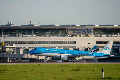KLM City Hopper, Embraer E190STD, lands at Düsseldorf Airport, North Rhine-Westphalia, Germany