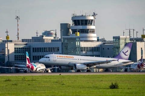 Freebird Airbus A320 lands at Düsseldorf Airport, North Rhine-Westphalia, Germany