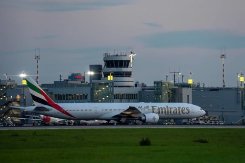 Emirates Boeing 777-300, after landing, at Düsseldorf Airport, North Rhine-Westphalia, Germany