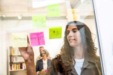 Young professional woman brainstorming and planning new business ideas, organizing strategy, and