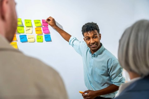 Young man smiling and presenting new business ideas, organizing colorful sticky notes on a