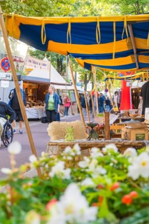 Lively market with blue and yellow tents, flowers in the foreground and many people shopping, Fire