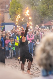 An artist performs a show with fire torches in front of a curious crowd, Feuernacht, Sindelfingen,