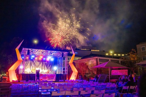Nocturnal open-air event with stage lighting and fireworks, Fire Night, Sindelfingen, Germany