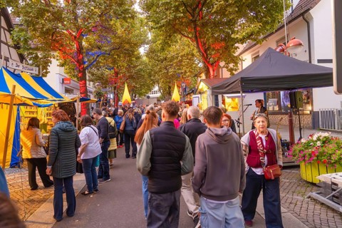 A cosy street festival in the evening with illuminated trees, tents and lots of people, accompanied