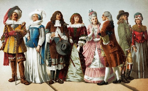 17th and 18th century clothing, couples wearing costumes, historical book illustration, colour