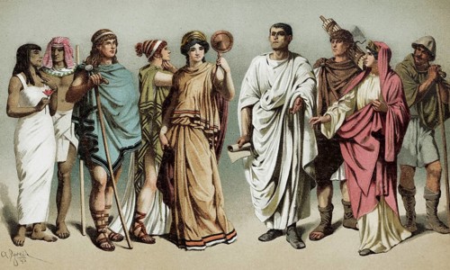 Clothing of the Egyptians, Greeks and Romans, couples wearing antique costumes, historical book