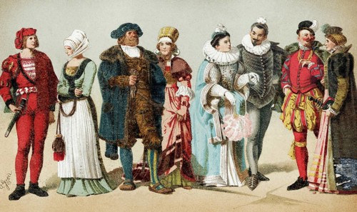 16th century clothing, couples wearing costumes, historical book illustration, colour lithograph