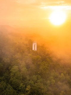 A lone tower rises out of a misty forest, illuminated by a warm sunset, Schönbergturm, Pfullingen,