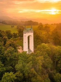A tower rises out of a forest at golden sunset, Schönberg Tower, Pfullingen, Swabian Alb, Germany