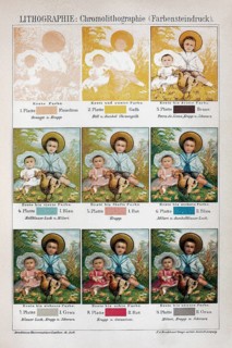 Colour plate lithography, chromolithography, structure of printing plates for multicoloured images,